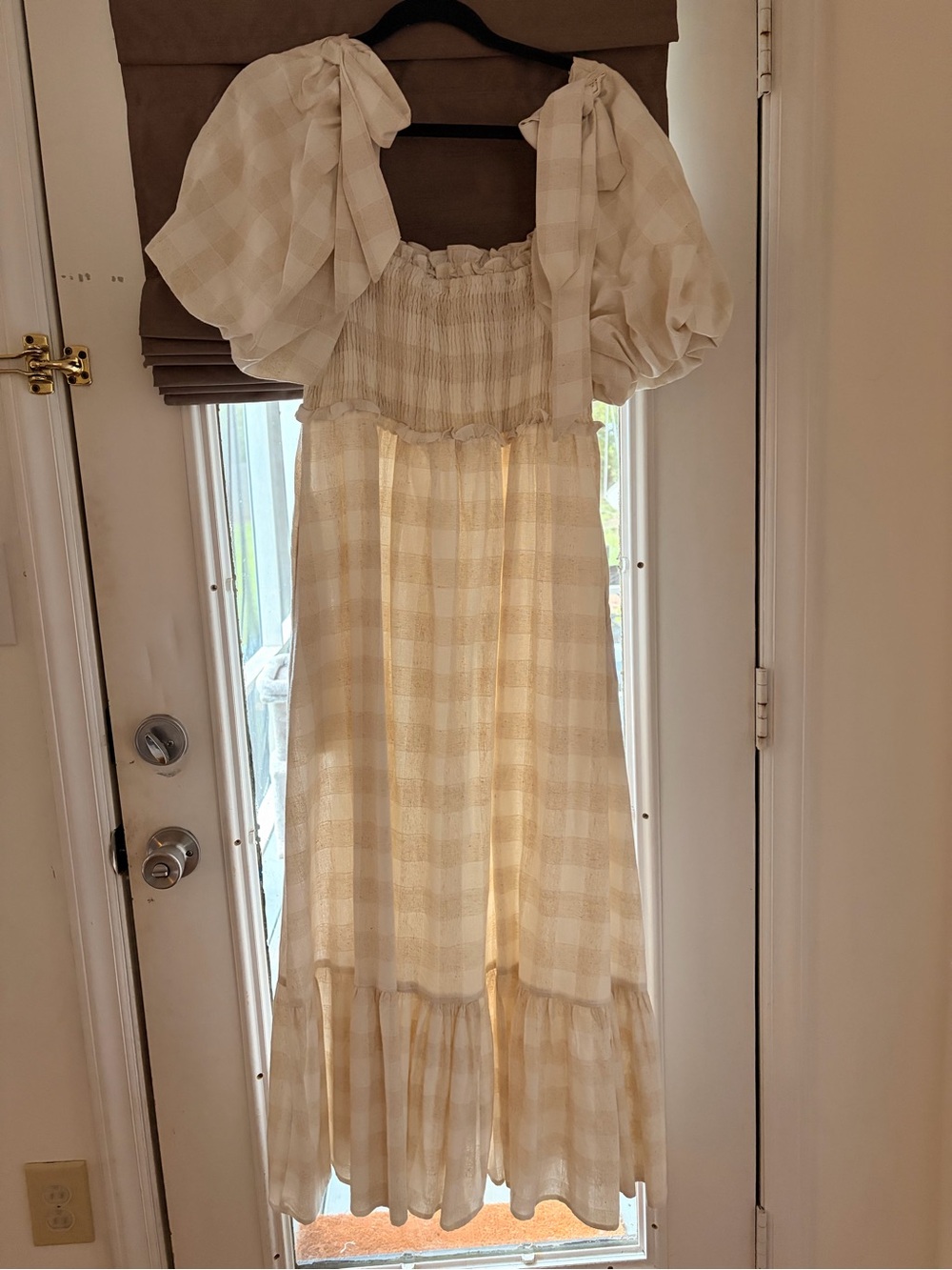 Worth Collective- Women's Cream Check Puff-Sleeve Midi Dress - Picture 2 of 6